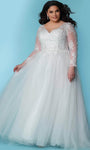 A-line V-neck Full-Skirt Fall Back Zipper Sequined Embroidered Beaded Illusion Applique Sheer Sleeves Natural Waistline Floor Length Wedding Dress with a Chapel Train with a Cathedral Train