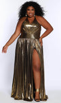 Tall A-line V-neck Halter Natural Waistline Back Zipper Fitted Slit Metallic Sleeveless Evening Dress with a Brush/Sweep Train