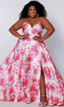 Plus Size A-line Floral Print Empire Waistline Sweetheart Sleeveless Spaghetti Strap Back Zipper Slit Fitted Cocktail Satin Prom Dress/Maxi Dress