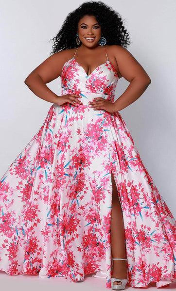 Plus Size A-line Sweetheart Satin Floral Print Cocktail Empire Waistline Back Zipper Fitted Slit Sleeveless Spaghetti Strap Prom Dress/Maxi Dress