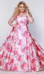 A-line Satin Sleeveless Spaghetti Strap Back Zipper Floor Length Floral Print Sweetheart Natural Waistline Prom Dress