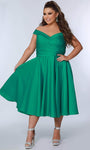 A-line V-neck Satin Cap Sleeves Off the Shoulder Natural Waistline Cocktail Tea Length Pocketed Pleated V Back Back Zipper Open-Back Dress