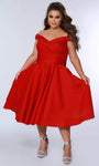 A-line V-neck Pleated Back Zipper Pocketed V Back Open-Back Cap Sleeves Off the Shoulder Satin Natural Waistline Cocktail Tea Length Dress