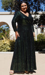 A-line V-neck Natural Waistline Sequined Pleated Back Zipper Floor Length Long Sleeves Evening Dress