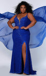 Plus Size V-neck Cocktail Plunging Neck Natural Waistline Sheath Lace Trim Chiffon Flowy Fitted Slit Mesh Back Zipper Sheath Dress/Prom Dress with a Brush/Sweep Train