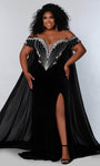 Plus Size V-neck Sheath Natural Waistline Open-Back Beaded Illusion Slit Fitted Plunging Neck Off the Shoulder Velvet Cocktail Sheath Dress/Evening Dress/Prom Dress with a Court Train