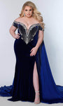 Plus Size V-neck Cocktail Plunging Neck Sheath Velvet Open-Back Slit Fitted Beaded Illusion Off the Shoulder Natural Waistline Sheath Dress/Evening Dress/Prom Dress with a Court Train