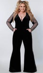 Plus Size V-neck Plunging Neck Striped Print Long Sleeves Cocktail Keyhole Mesh Pocketed Fitted Open-Back Velvet Natural Waistline Prom Dress/Jumpsuit