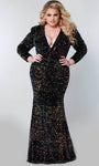 Plus Size V-neck Cocktail Velvet Long Sleeves Front Zipper Sequined Fitted High-Neck Plunging Neck Natural Waistline Fit-and-Flare Sheath Sheath Dress/Evening Dress/Prom Dress with a Brush/Sweep Train