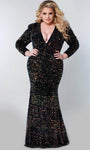 Plus Size V-neck High-Neck Plunging Neck Fitted Front Zipper Sequined Natural Waistline Velvet Long Sleeves Fit-and-Flare Sheath Cocktail Sheath Dress/Evening Dress/Prom Dress with a Brush/Sweep Train