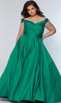 A-line V-neck Satin Pocketed V Back Back Zipper Pleated Floor Length Natural Waistline Cap Sleeves Off the Shoulder Prom Dress with a Brush/Sweep Train