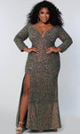 V-neck Slit Sequined Back Zipper Sheath Empire Waistline Long Sleeves Fall Floor Length Sheath Dress/Evening Dress