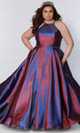 A-line Pocketed Lace-Up Natural Waistline Halter Sleeveless Floor Length Satin Evening Dress