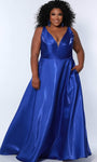Sexy A-line V-neck Satin Floor Length V Back Pocketed Sheer Open-Back Plunging Neck Natural Waistline Sleeveless Dress With a Bow(s)