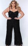 V-neck Floor Length Natural Waistline Back Zipper Fitted Sequined Beaded Sleeveless Jumpsuit