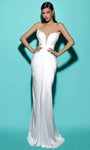 Sexy V-neck Strapless Sheath Plunging Neck Illusion Hidden Back Zipper Slit Ruched Natural Waistline Satin Sheath Dress/Evening Dress with a Brush/Sweep Train