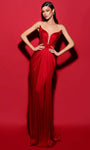 Sexy V-neck Strapless Sheath Plunging Neck Satin Natural Waistline Illusion Hidden Back Zipper Slit Ruched Sheath Dress/Evening Dress with a Brush/Sweep Train