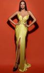 Sexy V-neck Strapless Plunging Neck Natural Waistline Sheath Satin Illusion Slit Ruched Hidden Back Zipper Sheath Dress/Evening Dress with a Brush/Sweep Train