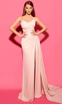 V-neck Strapless Crepe Sheath Illusion Draped Open-Back Slit Ruched Natural Waistline Sheath Dress/Evening Dress with a Brush/Sweep Train