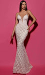 Sophisticated V-neck Mermaid Floor Length Sleeveless Natural Waistline Sheer Lace-Up Lace Dress