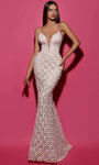 Sophisticated V-neck Mermaid Floor Length Sheer Lace-Up Natural Waistline Lace Sleeveless Dress