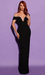 Sophisticated Slit Hidden Back Zipper Sheath Natural Waistline Crepe Beaded Trim Plunging Neck Floor Length Off the Shoulder Sheath Dress/Evening Dress