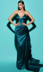 V-neck Strapless Sheath Satin Draped Hidden Back Zipper Natural Waistline Sheath Dress with a Brush/Sweep Train With a Sash