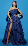 Sexy A-line Strapless Ruched Sheer Asymmetric Tiered Slit Pleated Taffeta Natural Tie Waist Waistline Evening Dress with a Brush/Sweep Train