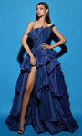 Sexy A-line Strapless Taffeta Sheer Ruched Pleated Tiered Slit Asymmetric Natural Tie Waist Waistline Evening Dress with a Brush/Sweep Train