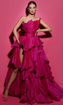 Sexy A-line Strapless Taffeta Asymmetric Slit Tiered Ruched Sheer Pleated Natural Tie Waist Waistline Evening Dress with a Brush/Sweep Train