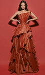 Sexy A-line Strapless Taffeta Tiered Pleated Sheer Slit Ruched Asymmetric Natural Tie Waist Waistline Evening Dress with a Brush/Sweep Train