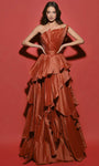 Sexy A-line Strapless Pleated Tiered Asymmetric Slit Sheer Ruched Taffeta Natural Tie Waist Waistline Evening Dress with a Brush/Sweep Train
