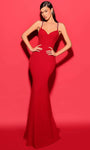 V-neck Crepe Hidden Back Zipper Jeweled Mermaid Spaghetti Strap Natural Waistline Evening Dress with a Brush/Sweep Train