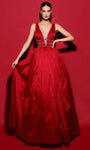 A-line V-neck Taffeta Floor Length Beaded Ruched Open-Back Sleeveless Natural Waistline Plunging Neck Evening Dress