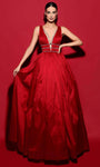 A-line V-neck Taffeta Plunging Neck Natural Waistline Sleeveless Floor Length Beaded Ruched Open-Back Evening Dress