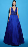 A-line V-neck Floor Length Taffeta Sleeveless Open-Back Ruched Beaded Plunging Neck Natural Waistline Evening Dress