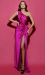 Sexy One Shoulder Sleeveless Natural Waistline Floor Length Sheath Open-Back Asymmetric Slit Pleated Fitted Ruched Sheath Dress/Evening Dress with a Brush/Sweep Train