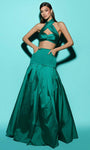 A-line Bandeau Neck Halter Wrap Cutout Pocketed Natural Waistline Taffeta Floor Length Sleeveless Evening Dress