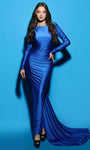 Natural Waistline Floor Length Sheath Jersey Long Sleeves Ruched Backless Scoop Neck Bodycon Dress/Sheath Dress/Evening Dress with a Brush/Sweep Train