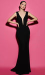 V-neck Sheath Crepe Natural Waistline Plunging Neck Sheer Pleated Illusion Hidden Back Zipper Sleeveless Sheath Dress/Evening Dress with a Brush/Sweep Train