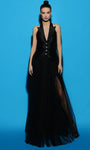 A-line V-neck Natural Waistline Collared Tulle Sleeveless Slit Open-Back Pocketed Glittering Evening Dress