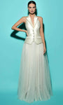A-line V-neck Sleeveless Pocketed Glittering Open-Back Slit Collared Natural Waistline Tulle Evening Dress