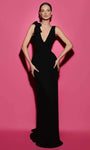 V-neck Crepe One Shoulder Sleeveless Open-Back V Back Back Zipper Sheath Plunging Neck Natural Waistline Sheath Dress/Evening Dress with a Brush/Sweep Train With a Bow(s)