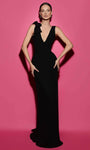 V-neck Open-Back Back Zipper V Back One Shoulder Sleeveless Natural Waistline Plunging Neck Sheath Crepe Sheath Dress/Evening Dress with a Brush/Sweep Train With a Bow(s)