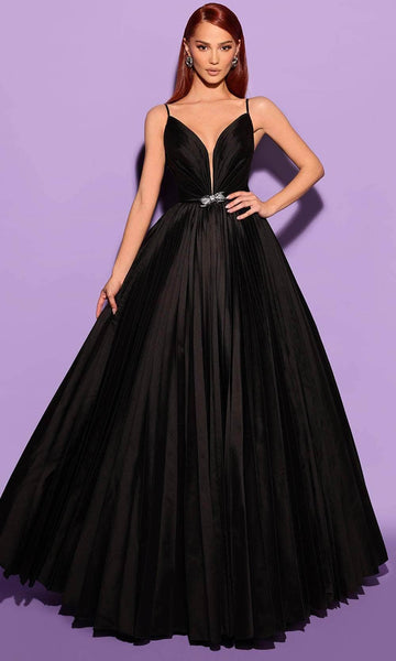 A-line V-neck Plunging Neck Floor Length Beaded Open-Back Accordion Sheer Pleated Taffeta Natural Waistline Sleeveless Spaghetti Strap Evening Dress With a Ribbon