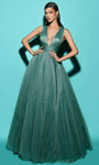 Sophisticated V-neck Sleeveless Empire Waistline Tulle Plunging Neck Pleated Glittering Open-Back Hidden Back Zipper Shirred Floor Length Dress