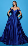 Sweetheart Hidden Back Zipper Pocketed Satin Corset Natural Waistline Off the Shoulder Dress with a Court Train