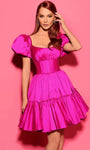 A-line Fitted Open-Back Lace-Up Fit-and-Flare Puff Sleeves Sleeves Cocktail Short Taffeta Corset Empire Waistline Scoop Neck Party Dress With Ruffles
