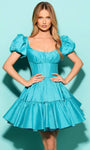 A-line Scoop Neck Fit-and-Flare Puff Sleeves Sleeves Taffeta Corset Empire Waistline Cocktail Short Open-Back Lace-Up Fitted Party Dress With Ruffles