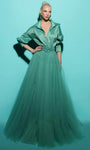 A-line V-neck Belted Ruched Collared Taffeta Natural Waistline Long Sleeves Evening Dress with a Brush/Sweep Train